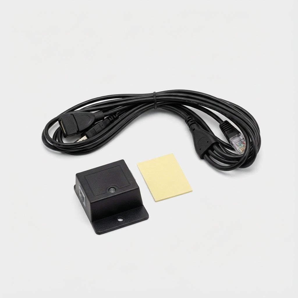 Black sensor device with cable and yellow label on a white background